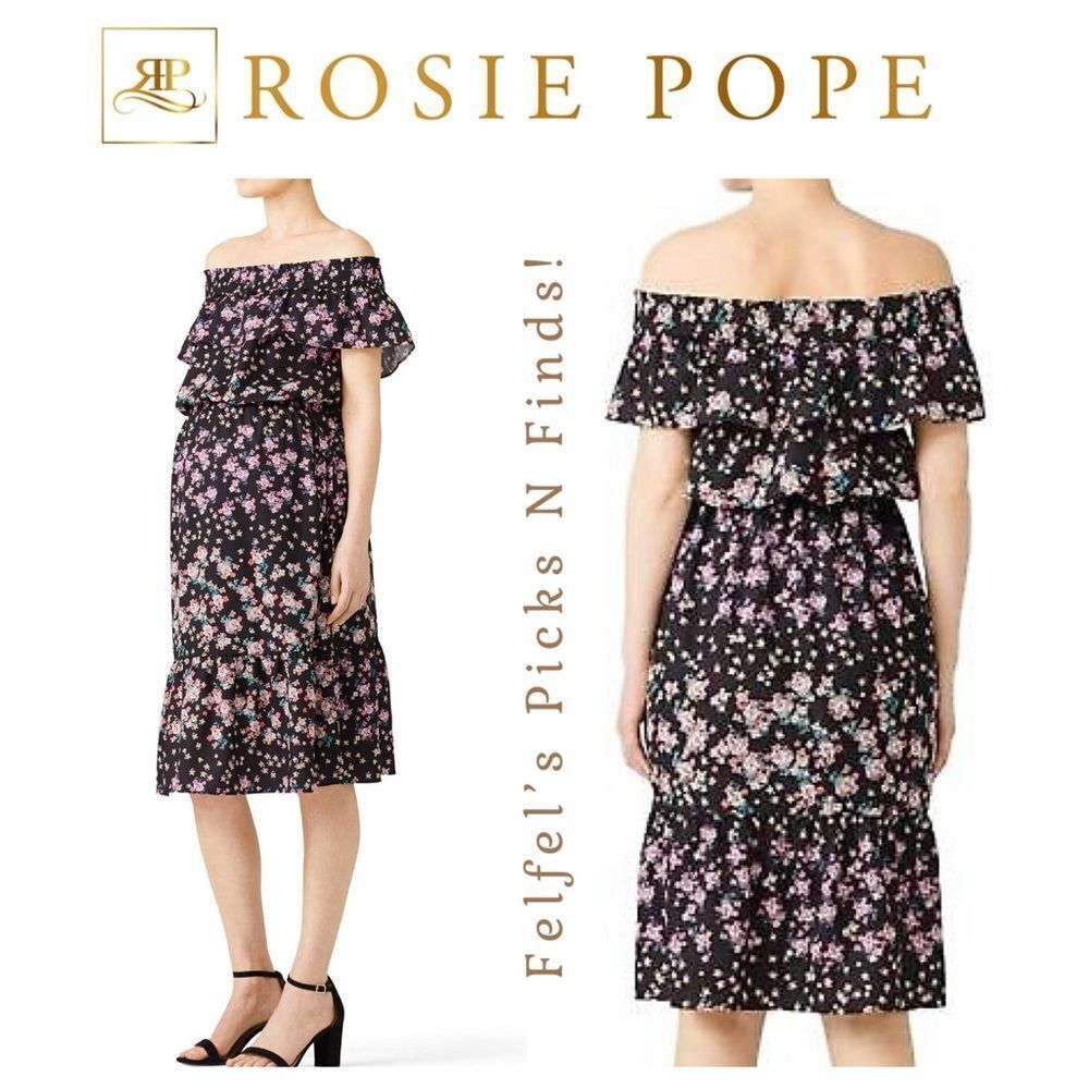 Rosie Pope | Off-Shoulder Serena Maternity Dress -Black Floral Print, Size Small
